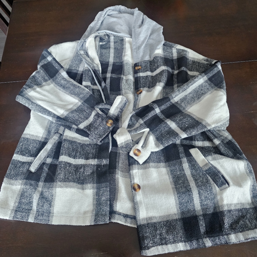 Plaid Hooded Jacket with Wooden Buttons